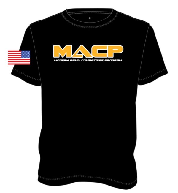 A black t-shirt with the words macp on it.