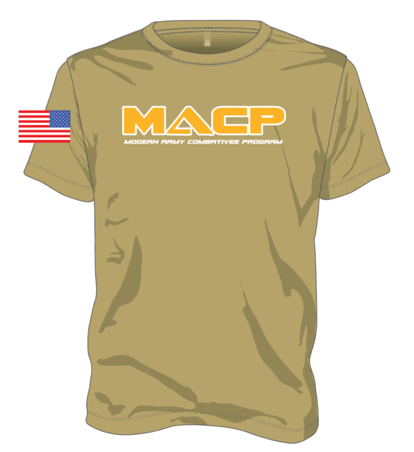 A tan t-shirt with the word macp on it.