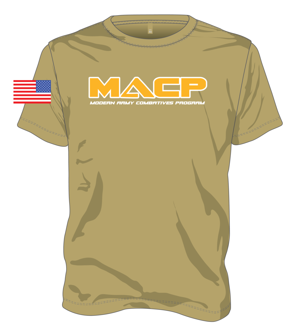 A tan t-shirt with the word macp on it.