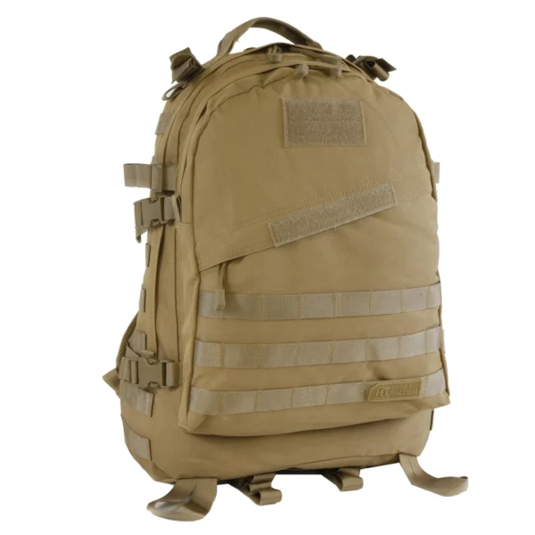 A tan backpack with many pockets on it.