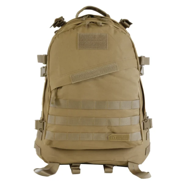 A tan backpack with many pockets on it.