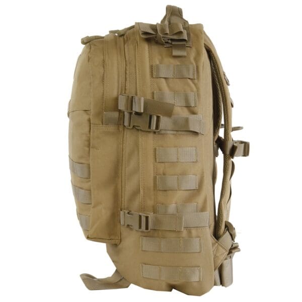 A tan backpack with many pockets and straps.