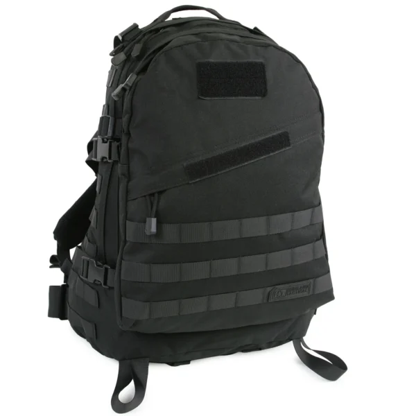 A black backpack with many pockets on it.