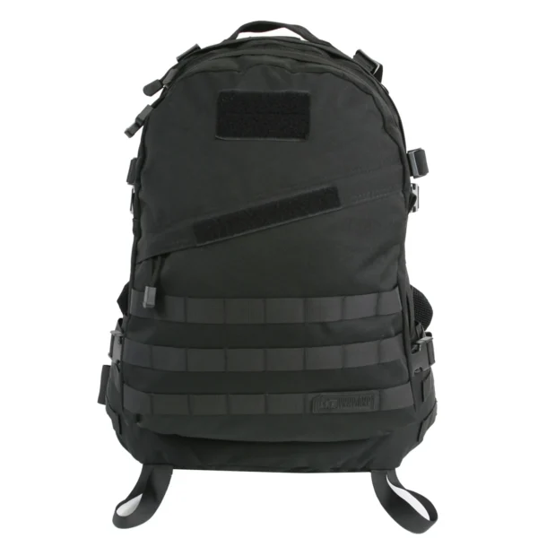 A black backpack with many pockets on it.