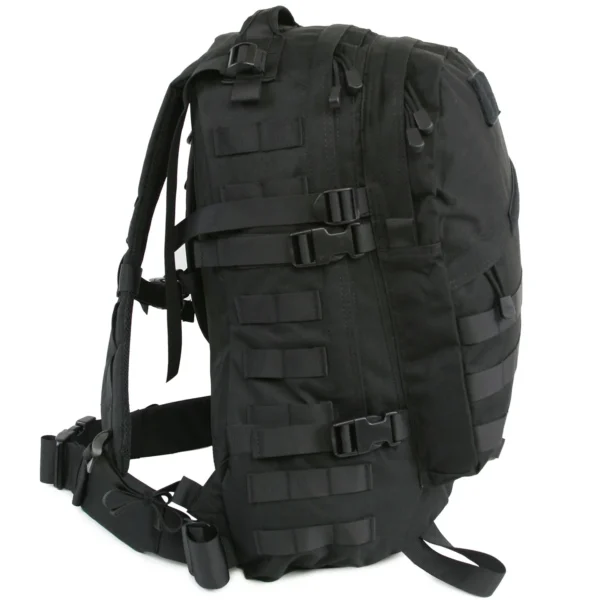 A black backpack with many pockets on it.