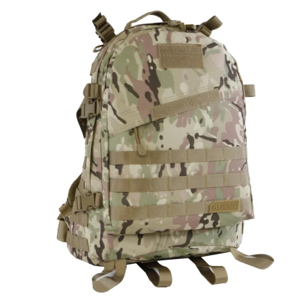 A backpack with many different colors and straps.