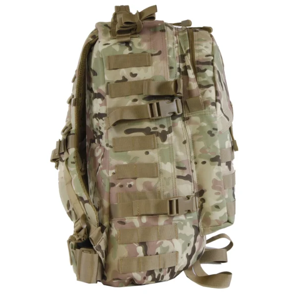 A backpack with many different colors and straps.