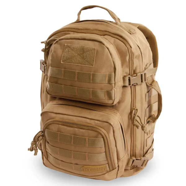 A tan backpack with many pockets on it.