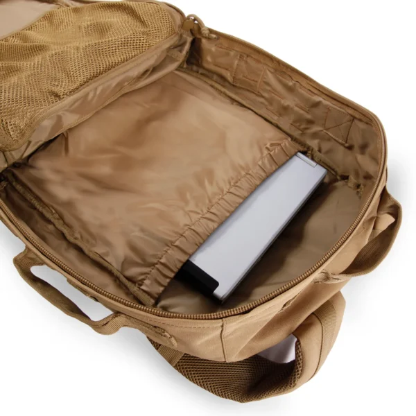 A laptop bag with an open compartment.