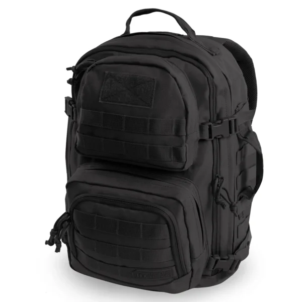 A black backpack with many pockets on it.