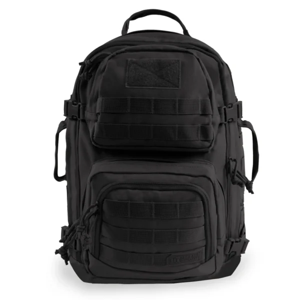 A black backpack with many pockets on it.