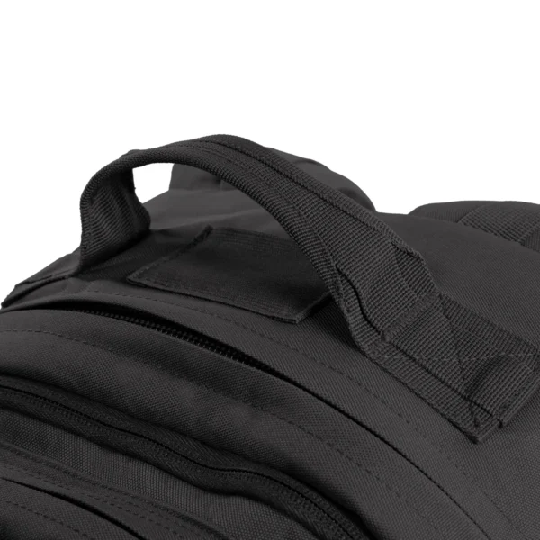 A black backpack with a handle on it.