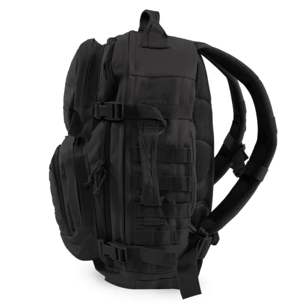 A black backpack is shown with many pockets.