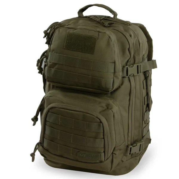 A backpack is shown with many pockets.