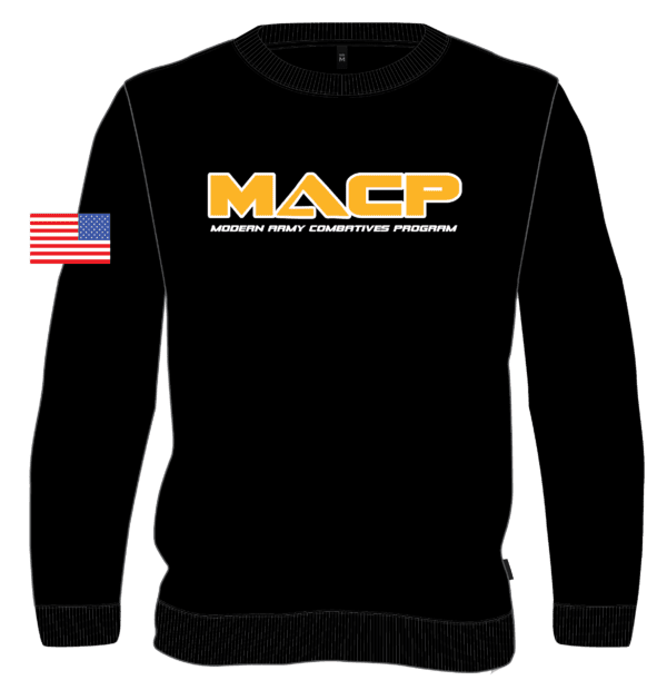 A black sweatshirt with the macp logo on it.