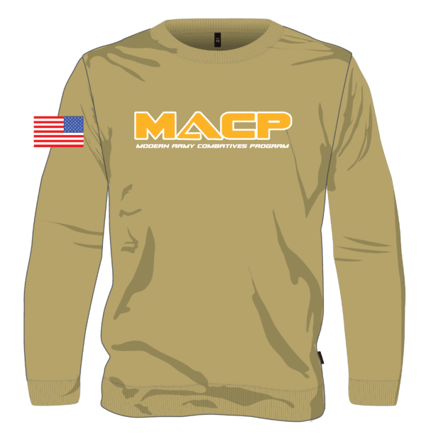 A tan long sleeve shirt with the word maep on it.