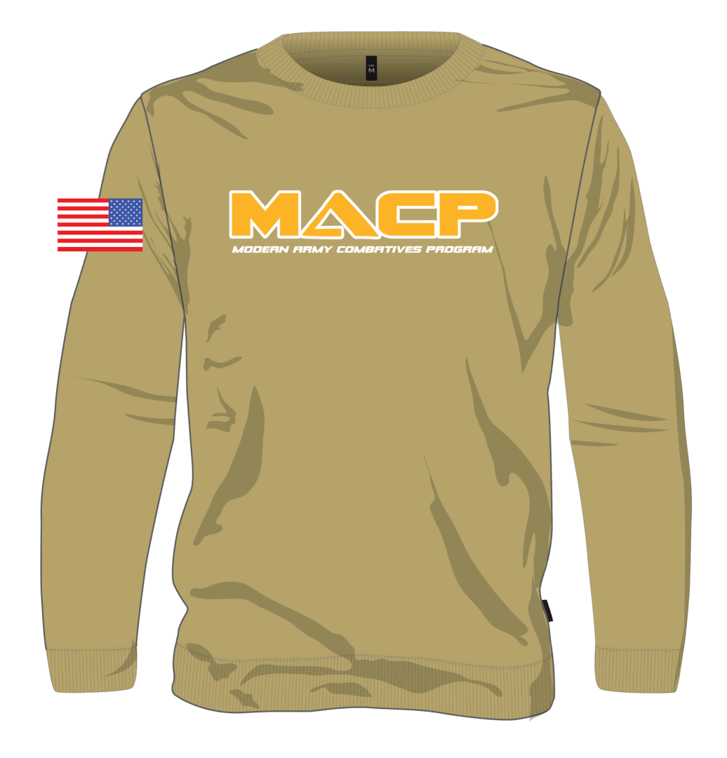 A tan long sleeve shirt with the word maep on it.