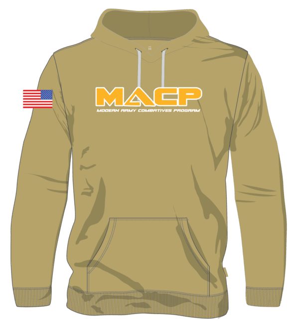 A tan hoodie with the macp logo on it.