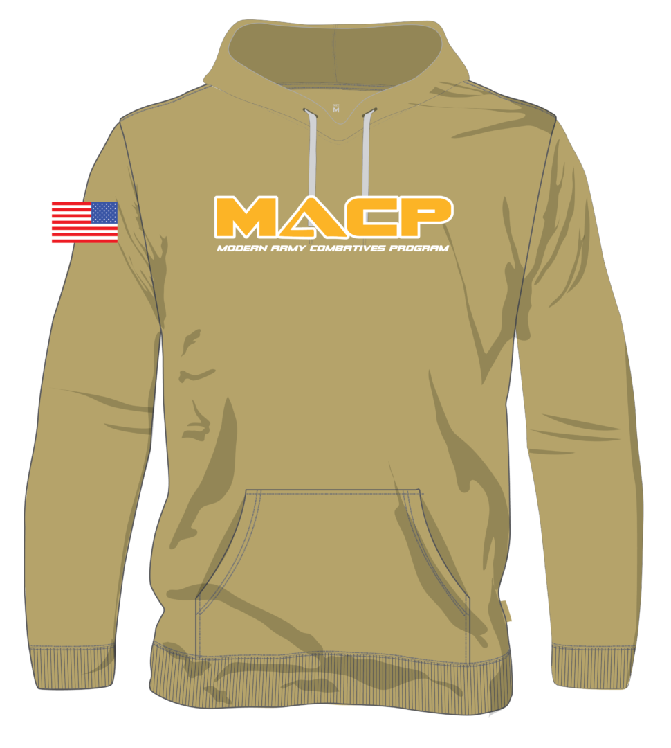 A tan hoodie with the macp logo on it.