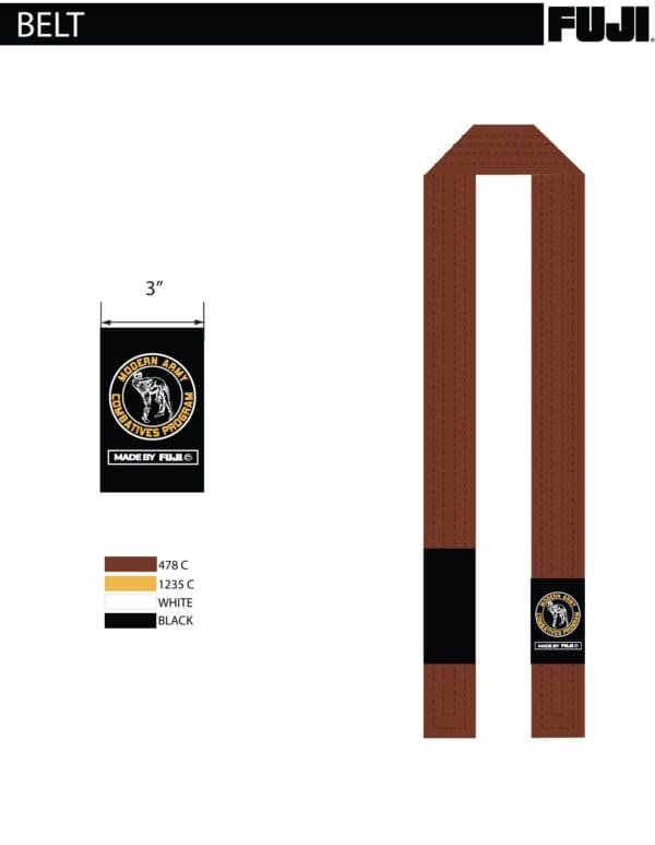 A brown and black belt with a logo on it.